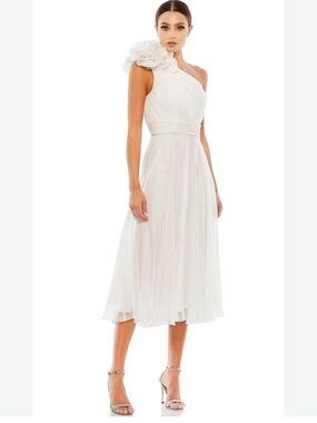 $398 MAC DUGGAL White Rosette One Shoulder Pleated Chiffon Tea Length Dress 14